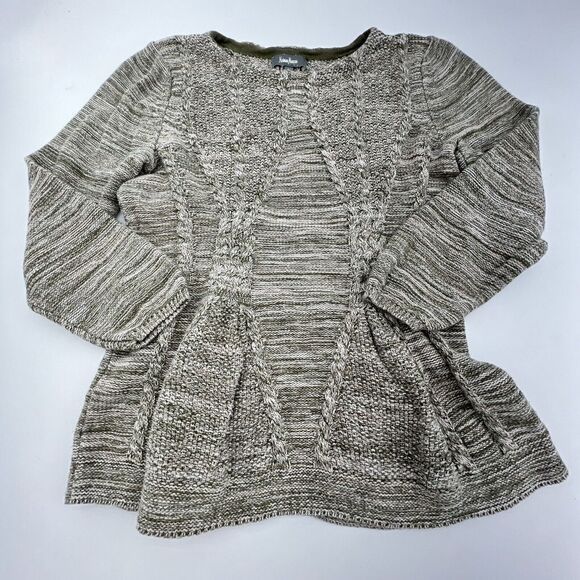 Neiman Marcus Beige Olive Green Stretch Sweater Size L Peplum Cable Knit Cotton - Picture 1 of 4